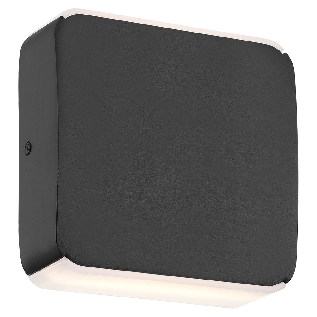 The Newport Bi-Directional Outdoor LED Wall Mount by Access Lighting features a square black design with softly rounded edges, emitting diffused white light from both the top and bottom.