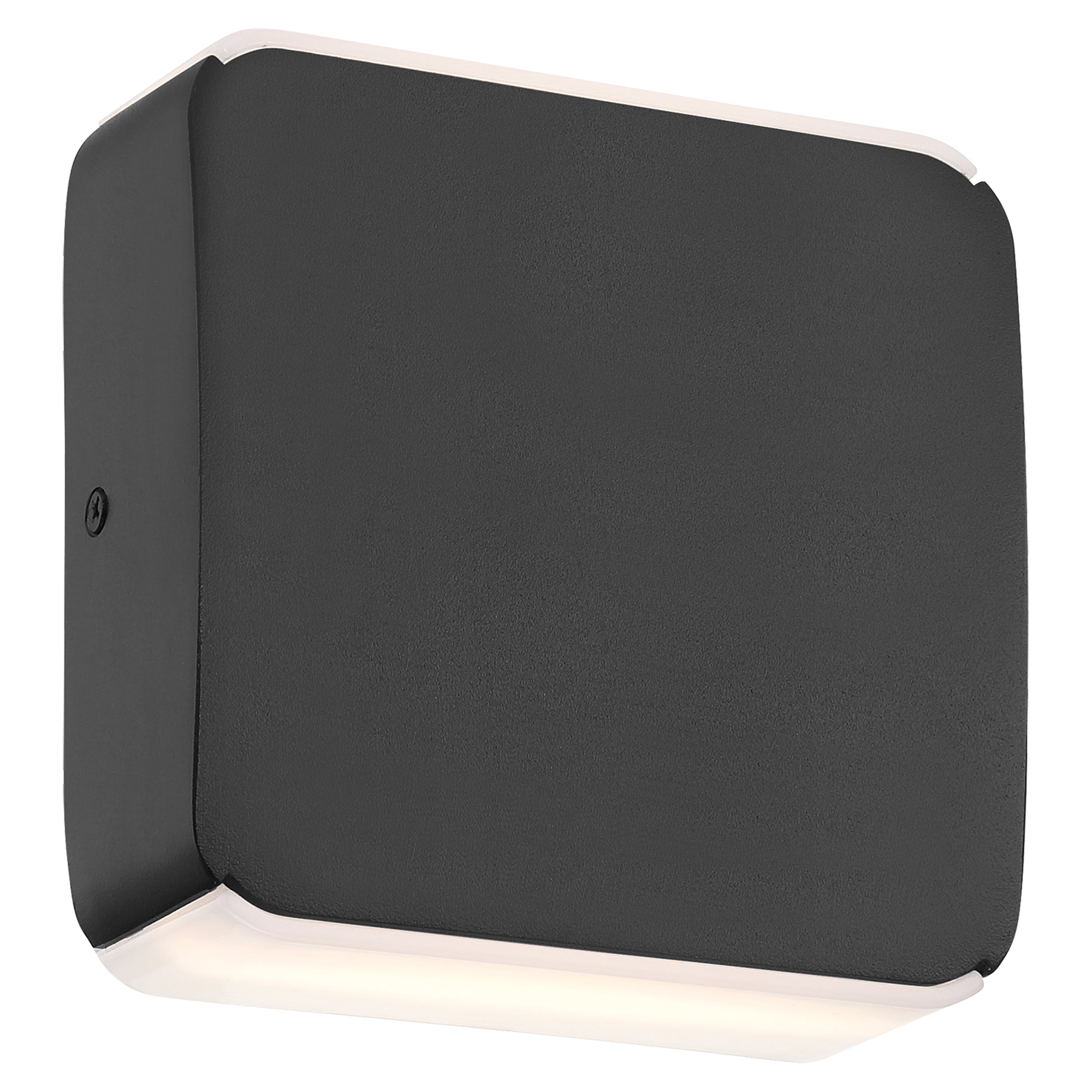 The Newport Bi-Directional Outdoor LED Wall Mount by Access Lighting features a square black design with softly rounded edges, emitting diffused white light from both the top and bottom.