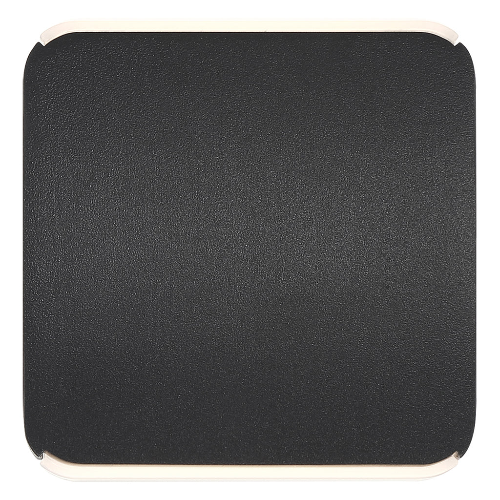 A square-shaped Newport Bi-Directional Outdoor LED Wall Mount by Access Lighting, featuring a black textured finish with rounded corners and white borders on the top and bottom edges, viewed from above.