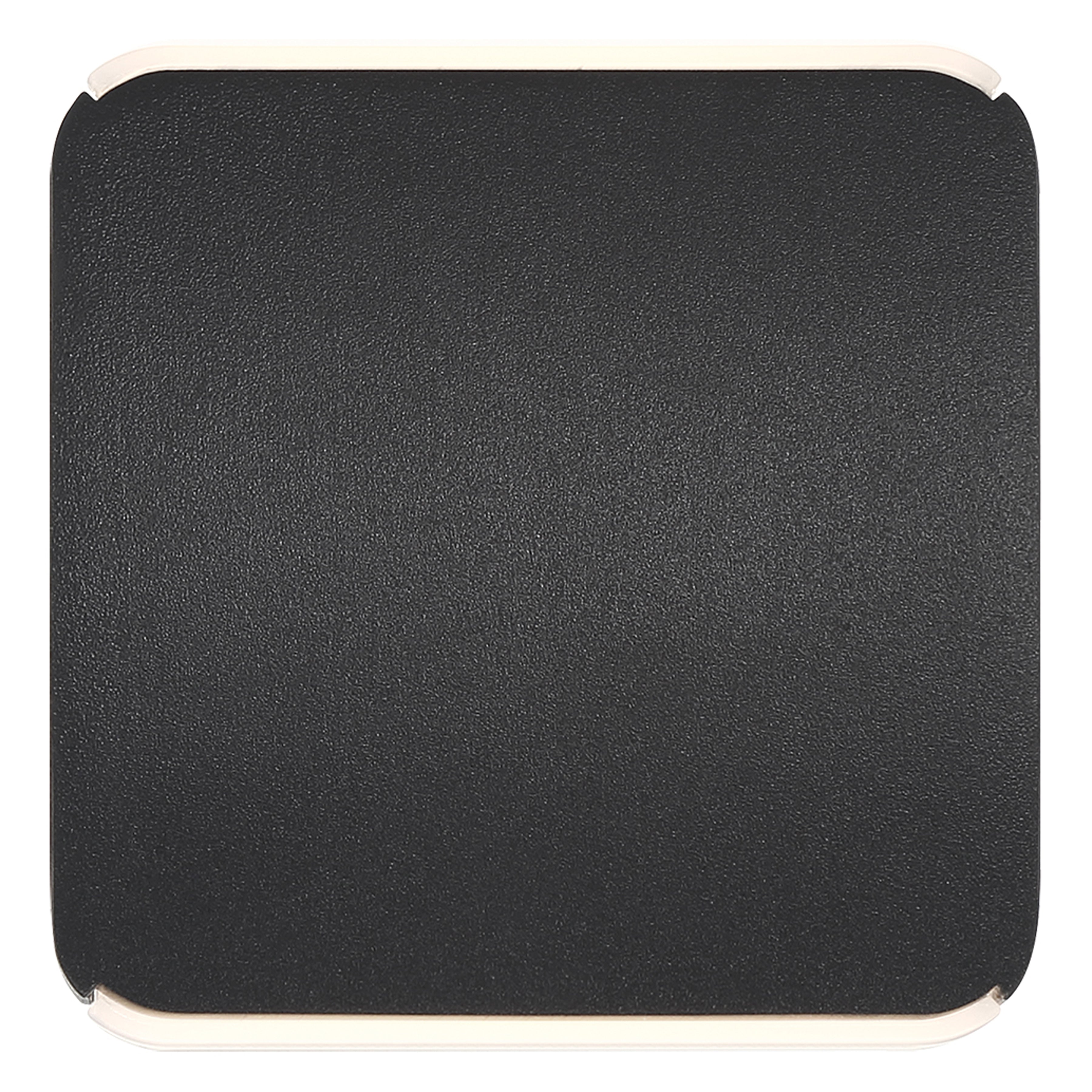 A square-shaped Newport Bi-Directional Outdoor LED Wall Mount by Access Lighting, featuring a black textured finish with rounded corners and white borders on the top and bottom edges, viewed from above.