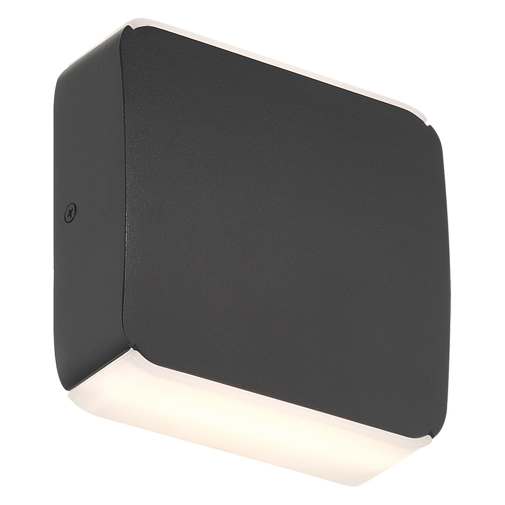 Access Lighting’s Newport Bi-Directional Outdoor LED Wall Mount in black features diffused white panels on the top and bottom, displayed against a white background.