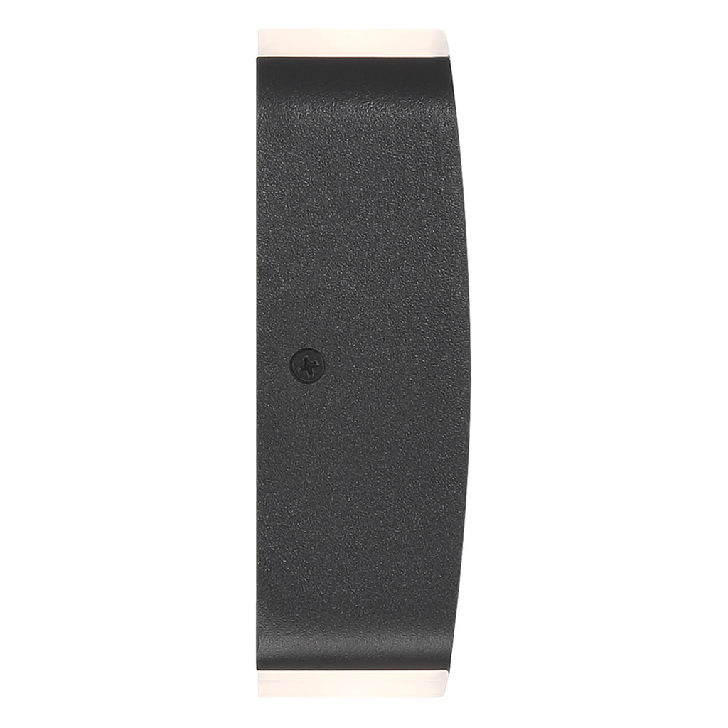 A front view of the Access Lighting Newport Bi-Directional Outdoor LED Wall Mount in black, featuring a curved rectangular design with illuminated edges.