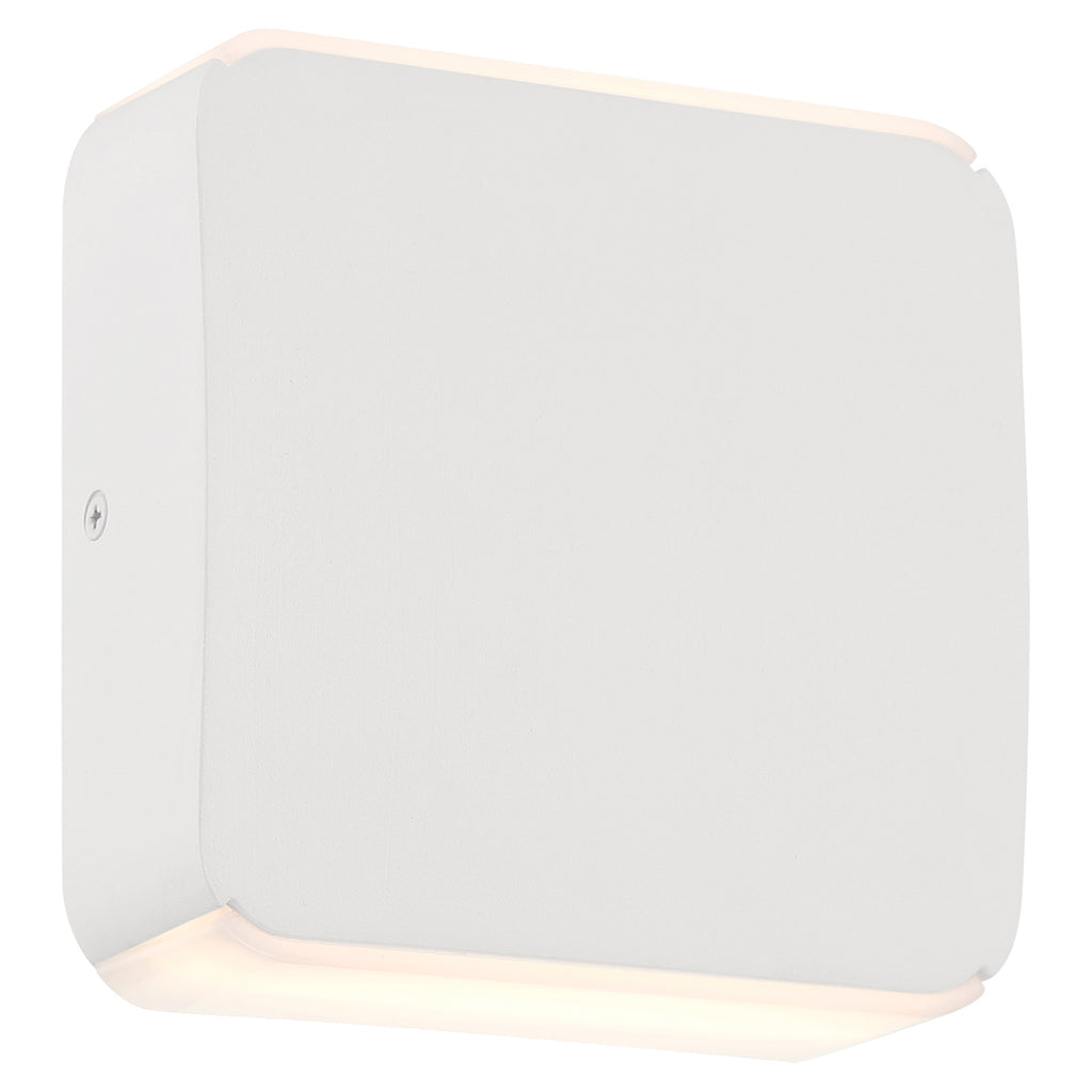 The Newport Bi-Directional Outdoor LED Wall Mount by Access Lighting features a white rectangular design with rounded corners, emitting a soft glow from both the top and bottom edges.