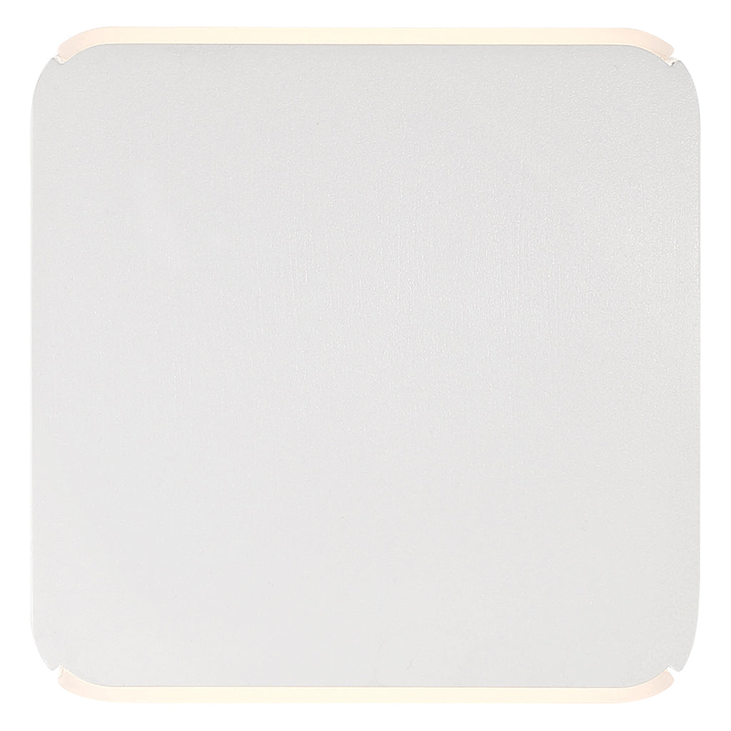 A square white Newport Bi-Directional Outdoor LED Wall Mount by Access Lighting, featuring rounded corners and subtle edge lighting, viewed from above.