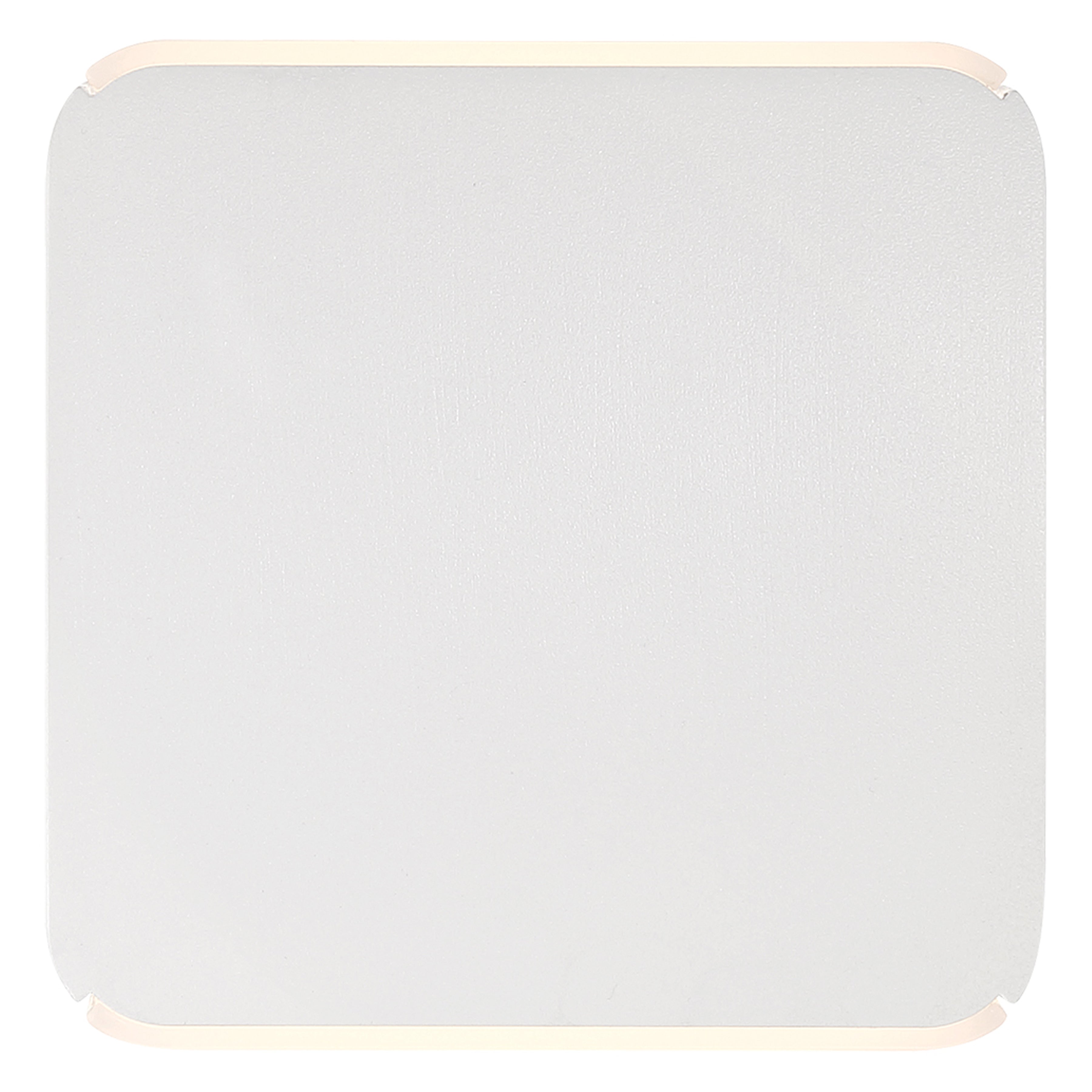 A square white Newport Bi-Directional Outdoor LED Wall Mount by Access Lighting, featuring rounded corners and subtle edge lighting, viewed from above.