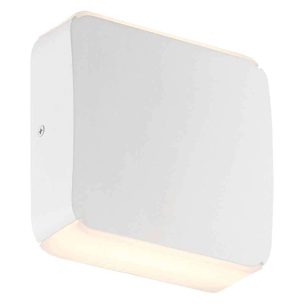 The Newport Bi-Directional Outdoor LED Wall Mount by Access Lighting features a square white design with rounded edges and emits light from both the top and bottom when mounted on a wall.