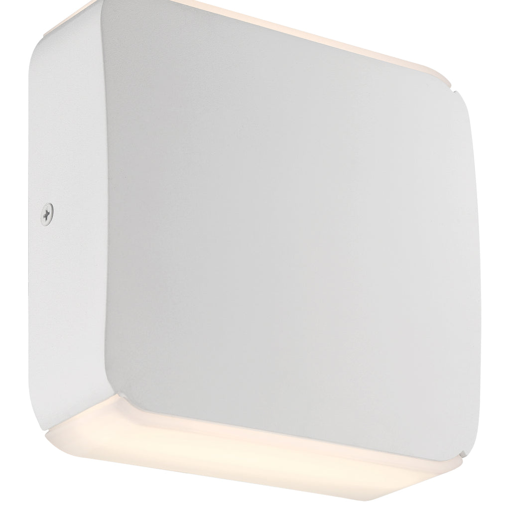 The Newport Bi-Directional Outdoor LED Wall Mount by Access Lighting features a square white design with rounded corners, installed on a wall and emitting light from both the top and bottom edges.