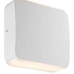 The Newport Bi-Directional Outdoor LED Wall Mount by Access Lighting features a square white design with rounded corners, installed on a wall and emitting light from both the top and bottom edges.