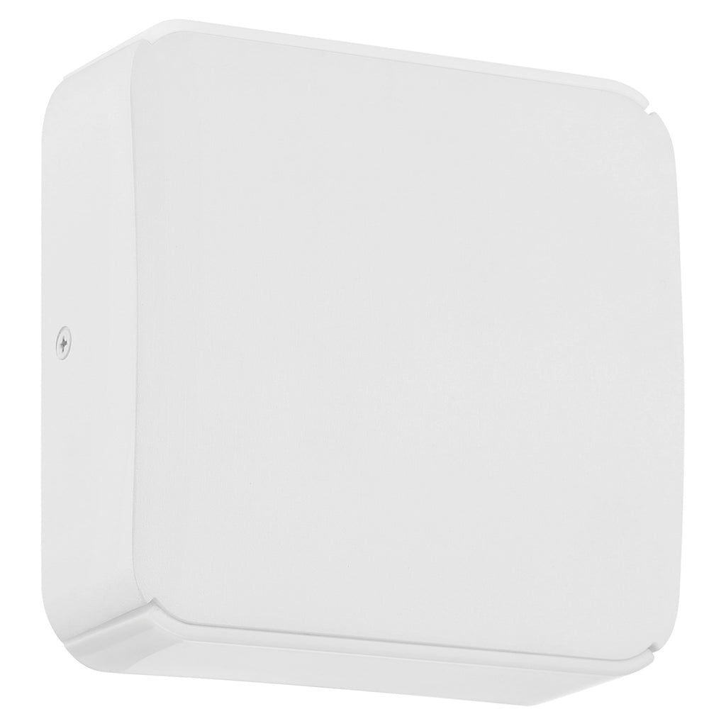 A Newport Bi-Directional Outdoor LED Wall Mount by Access Lighting, featuring a plain white square design with rounded edges, is shown wall-mounted and viewed from an angle against a white background.