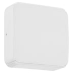 A Newport Bi-Directional Outdoor LED Wall Mount by Access Lighting, featuring a plain white square design with rounded edges, is shown wall-mounted and viewed from an angle against a white background.