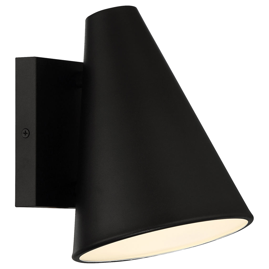 The Cannon Outdoor LED Wall Mount by Access Lighting is a modern black wall sconce featuring a conical shade and a rectangular base, emitting light from its open end.