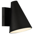 The Cannon Outdoor LED Wall Mount by Access Lighting is a modern black wall sconce featuring a conical shade and a rectangular base, emitting light from its open end.