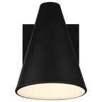 The Cannon Outdoor LED Wall Mount by Access Lighting is a wall-mounted black sconce featuring a square backplate and a downward-facing, cone-shaped shade that is illuminated from within.