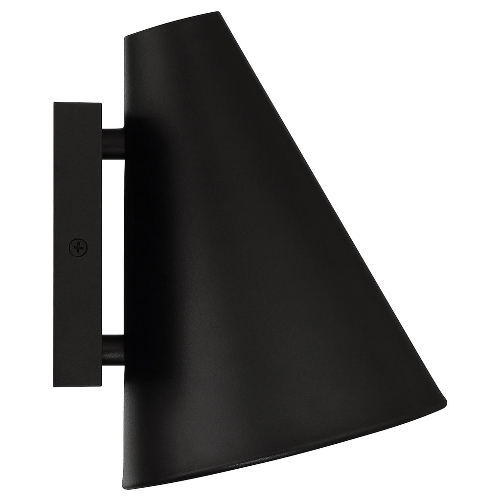Cannon Outdoor LED Wall Mount by Access Lighting, featuring a black conical shade and rectangular base, shown from the side against a white background.