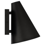 Cannon Outdoor LED Wall Mount by Access Lighting, featuring a black conical shade and rectangular base, shown from the side against a white background.