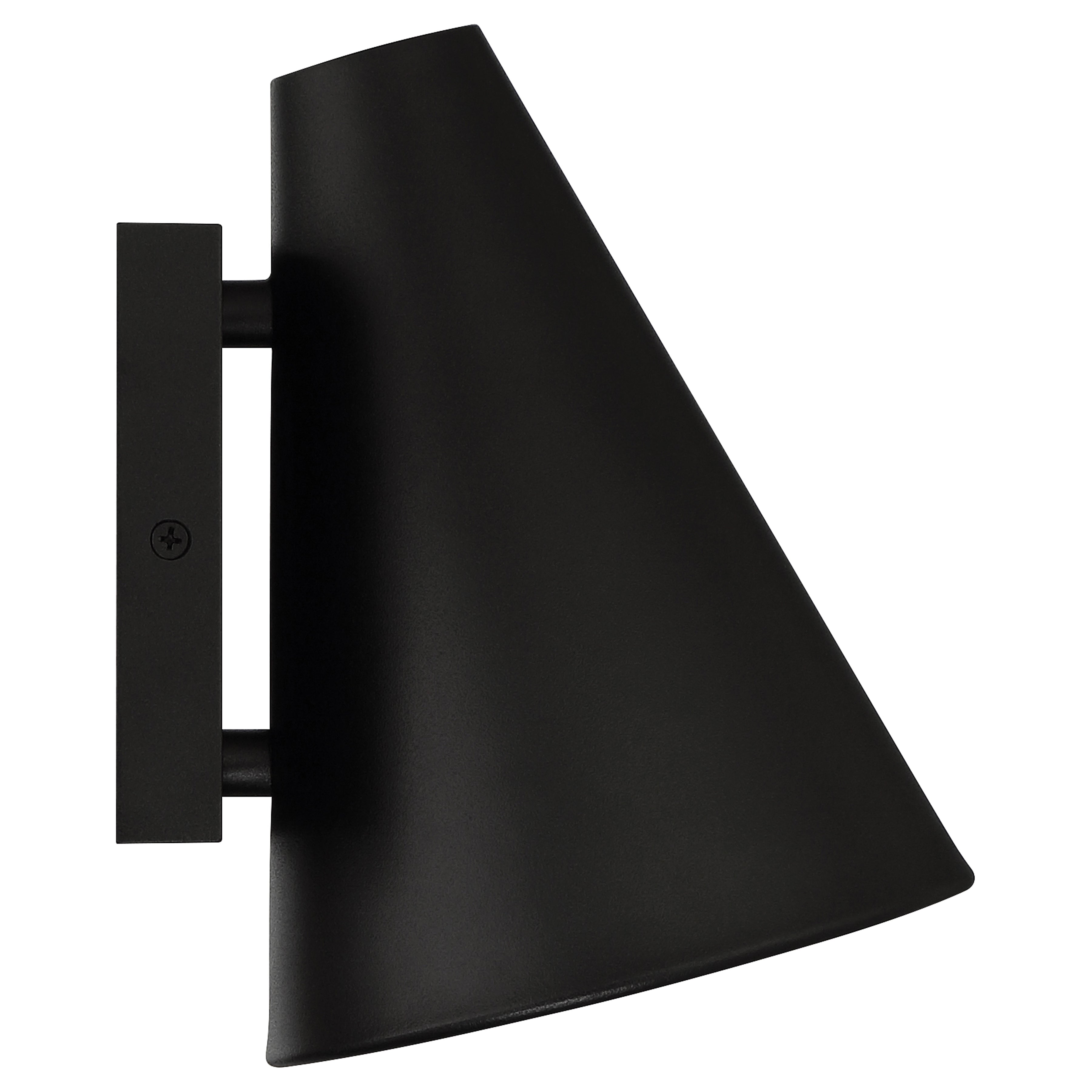 Cannon Outdoor LED Wall Mount by Access Lighting, featuring a black conical shade and rectangular base, shown from the side against a white background.
