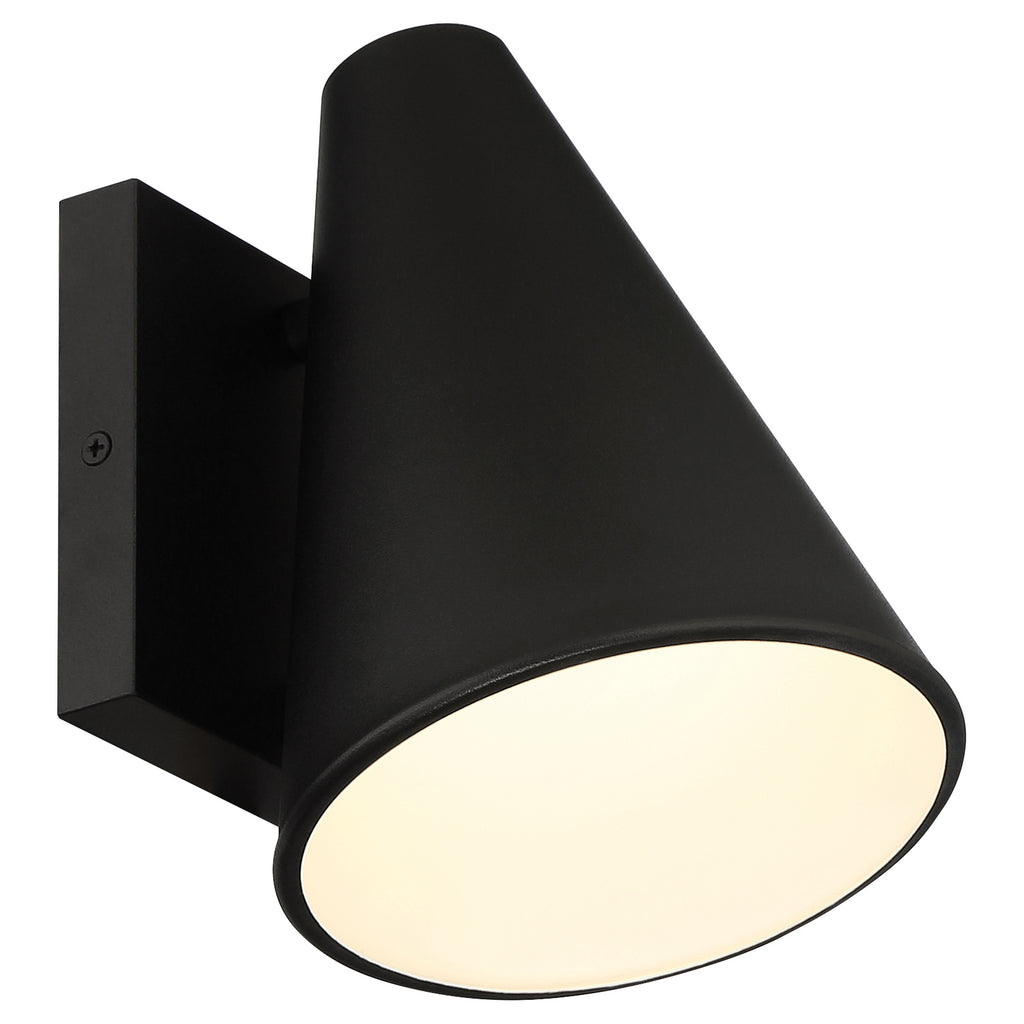 The Cannon Outdoor LED Wall Mount by Access Lighting features a black, cone-shaped design with a wide, illuminated opening and is mounted on a rectangular base.