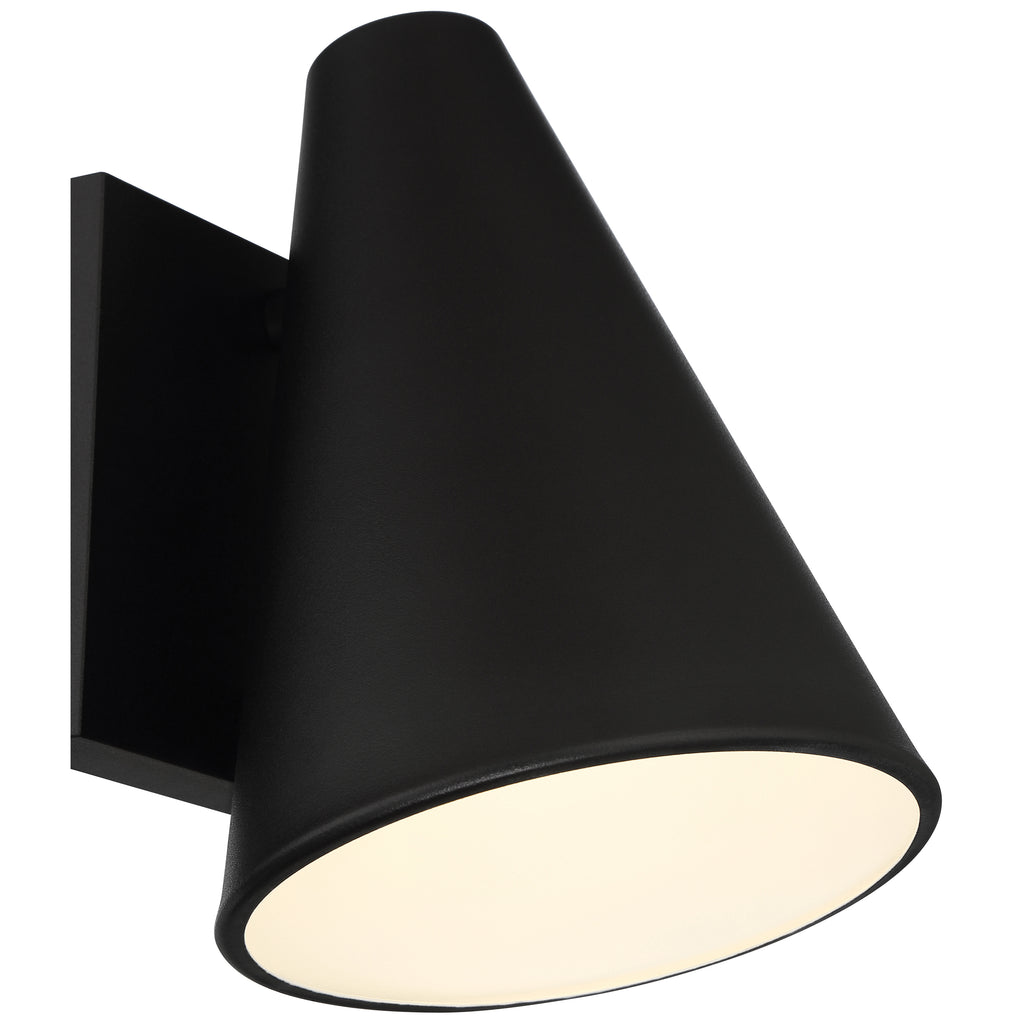 A black, cone-shaped Cannon Outdoor LED Wall Mount by Access Lighting features a square backplate and emits a soft, white glow.