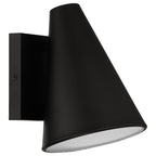 The Cannon Outdoor LED Wall Mount by Access Lighting is a black, cone-shaped light fixture with a matte finish, featuring a square base and a downward-facing open end.