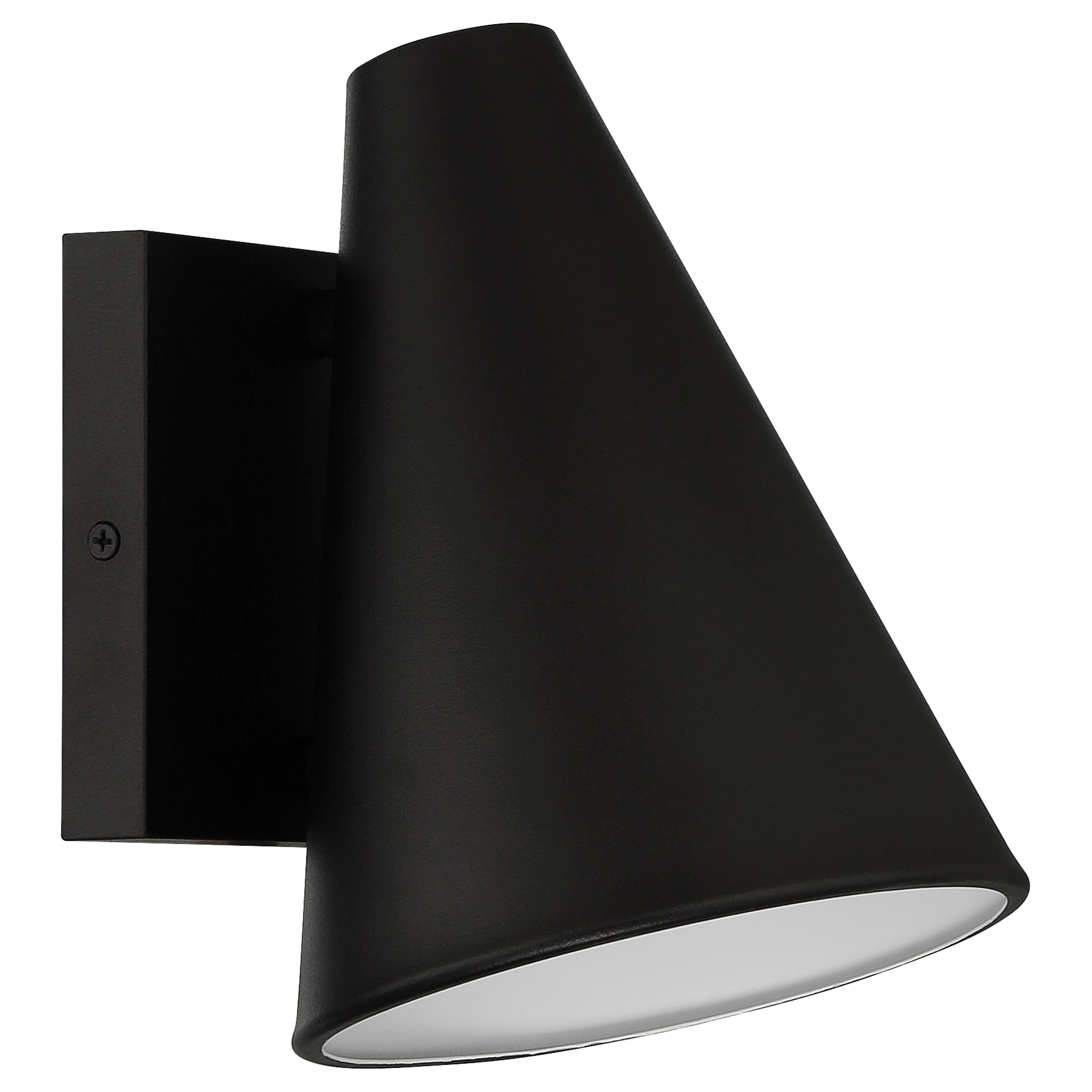 The Cannon Outdoor LED Wall Mount by Access Lighting is a black, cone-shaped light fixture with a matte finish, featuring a square base and a downward-facing open end.