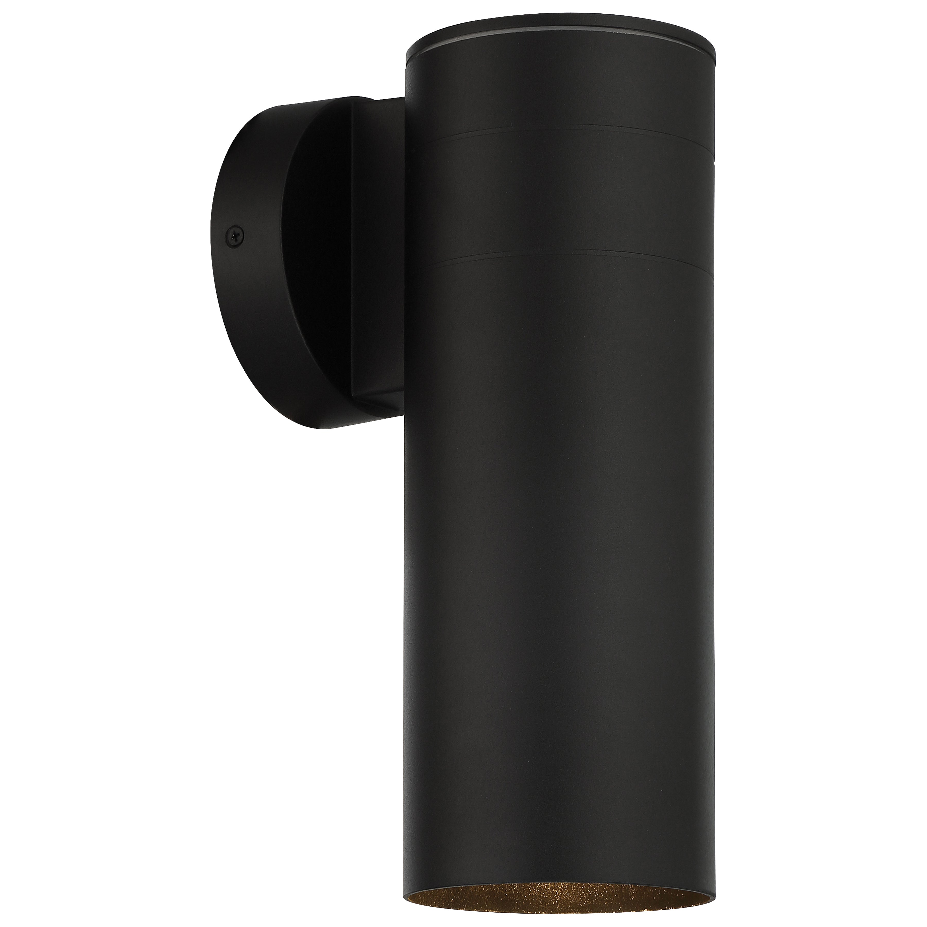 The Matira 1 Light Outdoor LED Wall Mount (20148LEDDMGLP) by Access Lighting features a black cylindrical design with a round base and downlight, displayed against a white background.