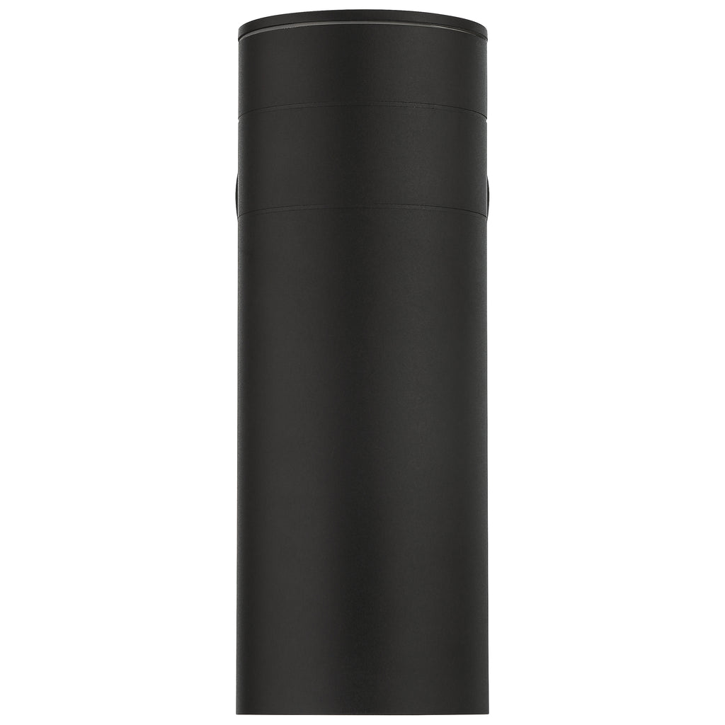 A sleek, black Matira 1 Light Outdoor LED Wall Mount by Access Lighting (model 20148LEDDMGLP) with a smooth matte finish and cylindrical design, featuring a removable lid and displayed against a white background.