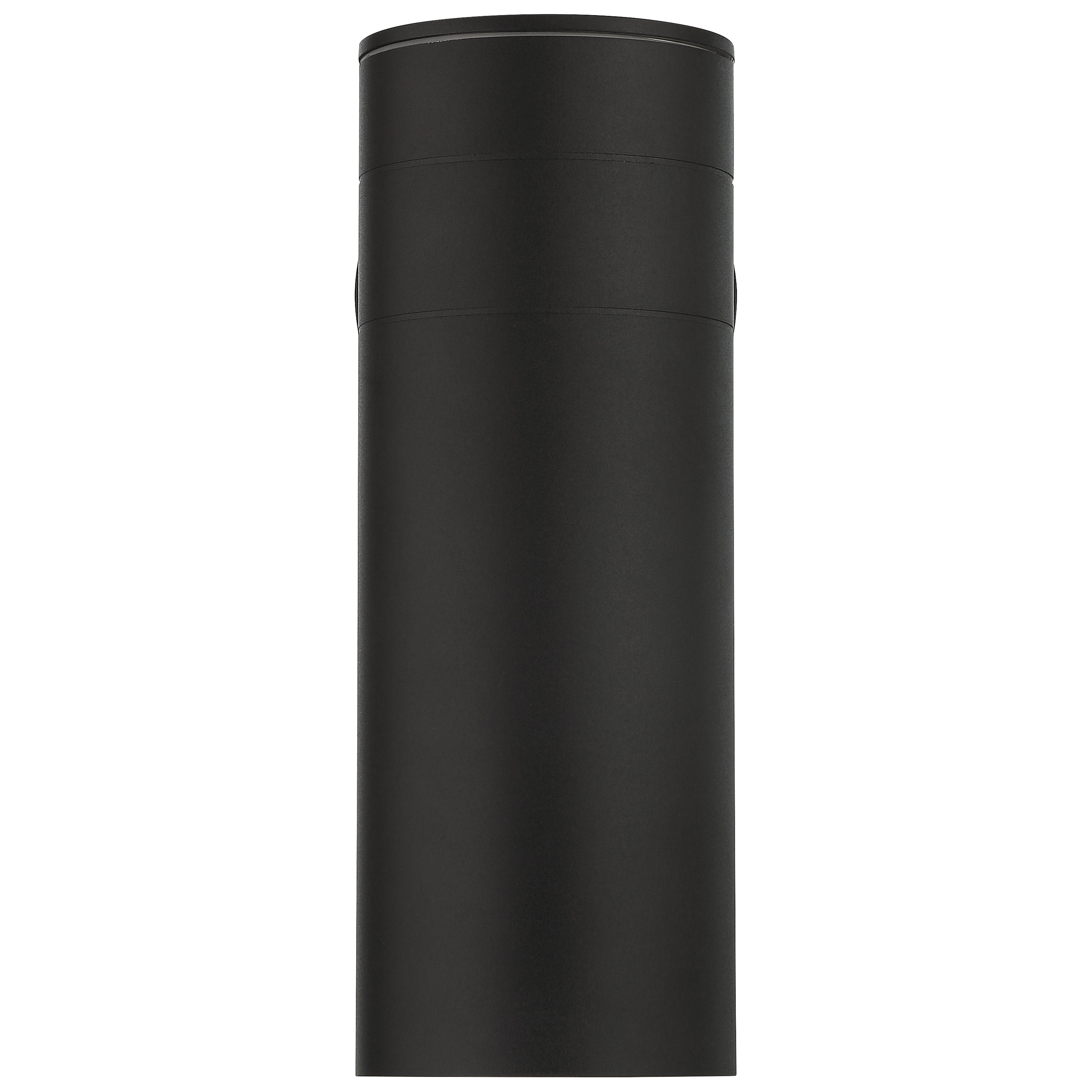 A sleek, black Matira 1 Light Outdoor LED Wall Mount by Access Lighting (model 20148LEDDMGLP) with a smooth matte finish and cylindrical design, featuring a removable lid and displayed against a white background.