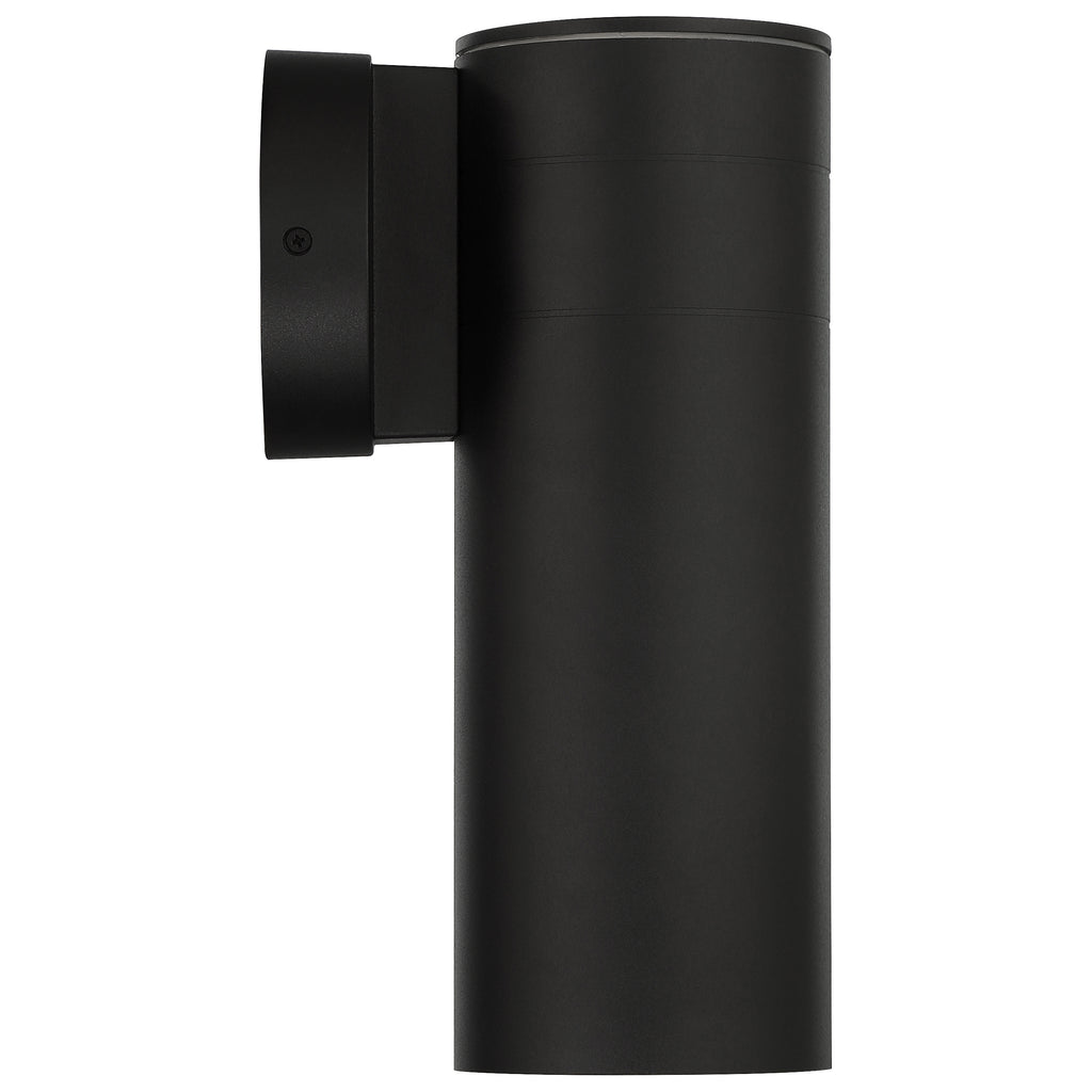 The Matira 1 Light Outdoor LED Wall Mount by Access Lighting (20148LEDDMGLP) is a black cylindrical fixture, displayed in a side profile against a white background.