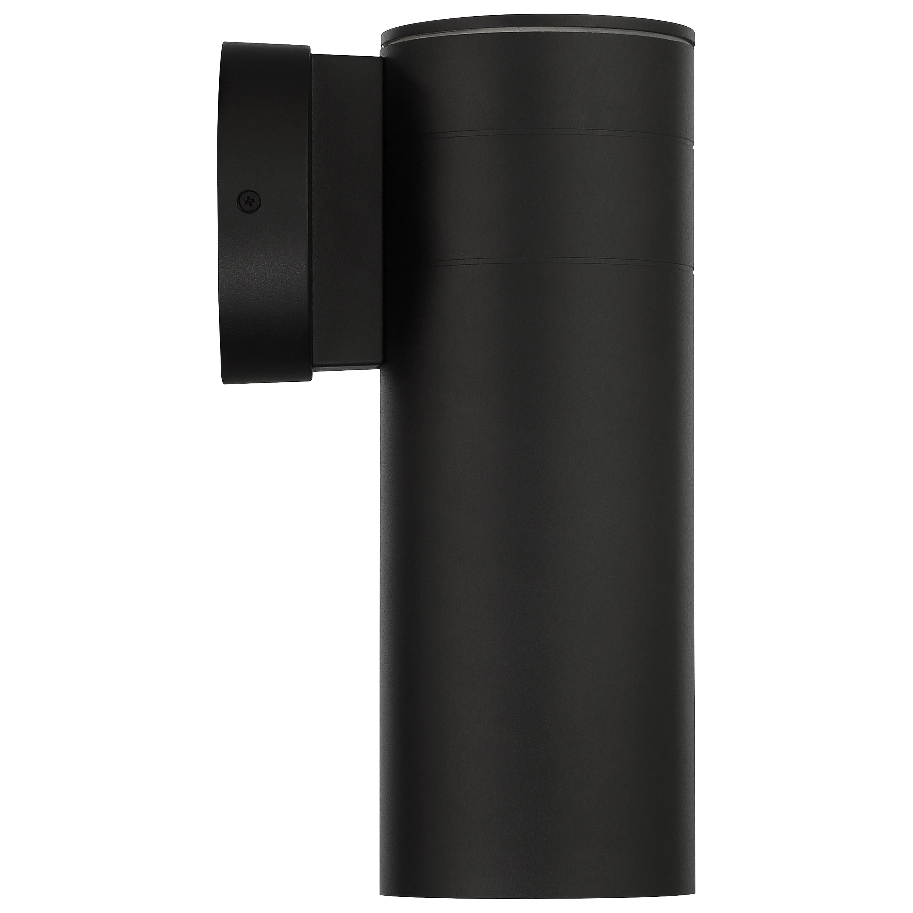 The Matira 1 Light Outdoor LED Wall Mount by Access Lighting (20148LEDDMGLP) is a black cylindrical fixture, displayed in a side profile against a white background.
