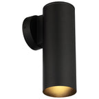 The Matira 1 Light Outdoor LED Wall Mount by Access Lighting (model 20148LEDDMGLP) is a black cylindrical fixture designed for wall mounting, featuring a downward-facing open end that emits light from the bottom.