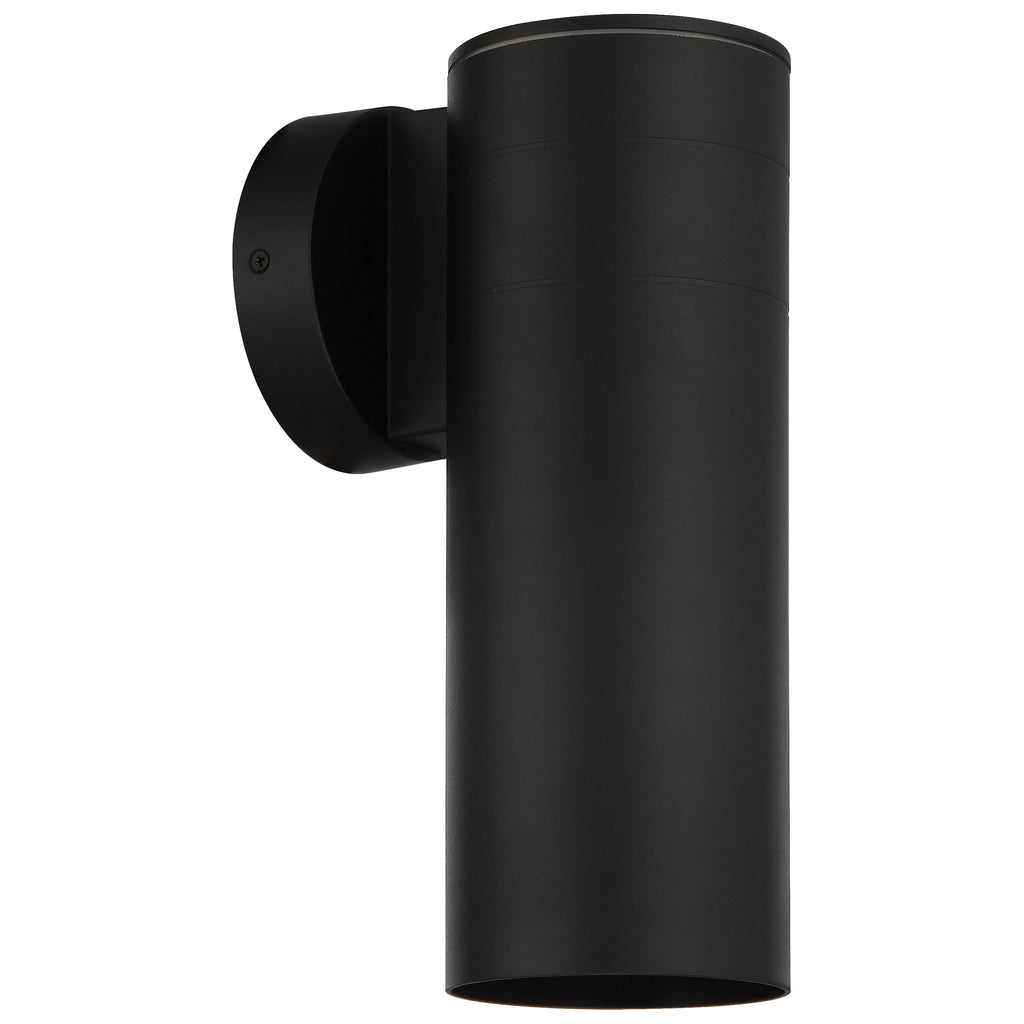 The Matira 1 Light Outdoor LED Wall Mount by Access Lighting (20148LEDDMGLP) features a black cylindrical design with a simple, modern aesthetic, and is mounted vertically on a round wall plate.