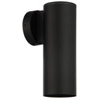 The Matira 1 Light Outdoor LED Wall Mount by Access Lighting (20148LEDDMGLP) features a black cylindrical design with a simple, modern aesthetic, and is mounted vertically on a round wall plate.