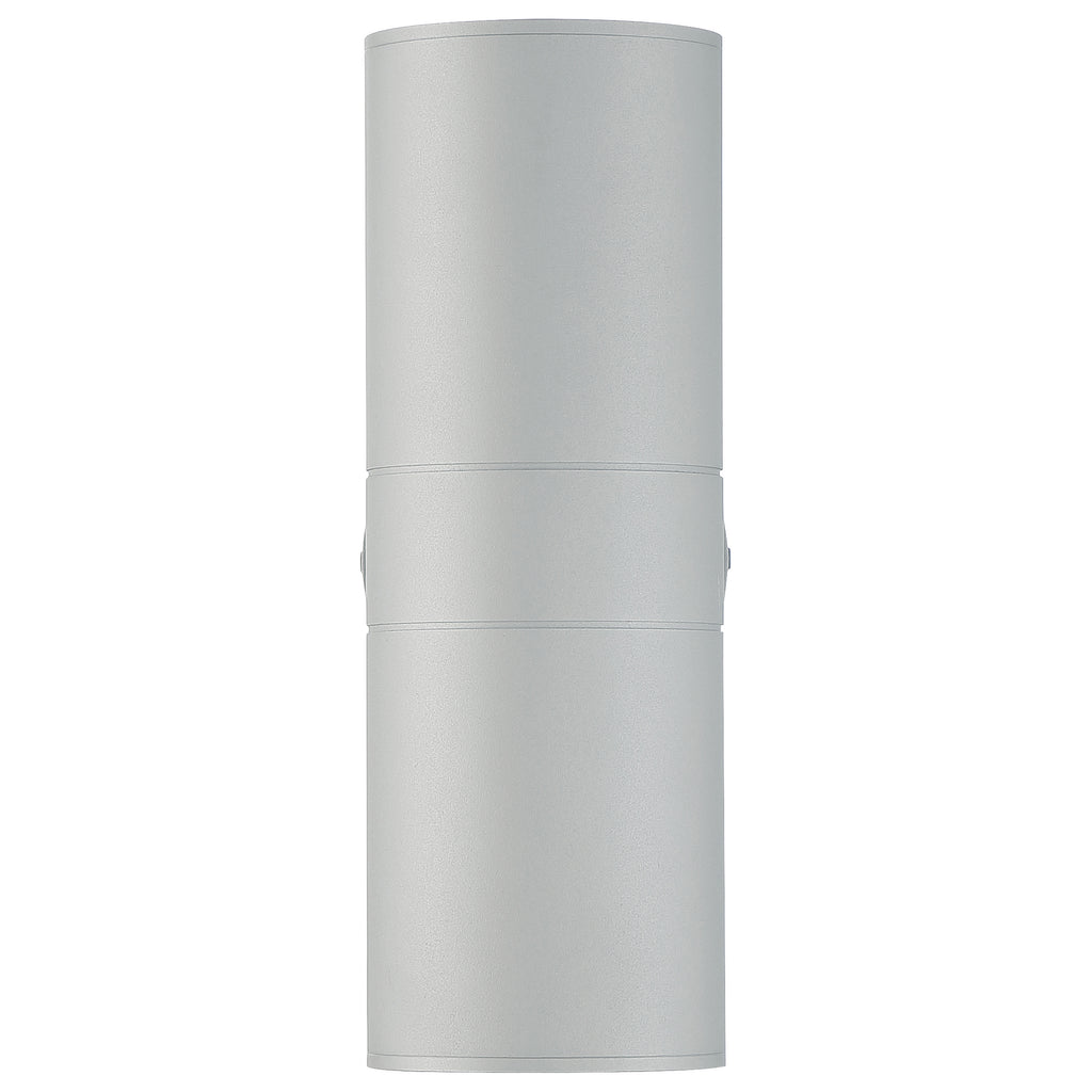 Matira Dual Bi-Directional Outdoor LED Wall Mount by Access Lighting, featuring a sleek cylindrical shape with a satin matte finish and a central seam, displayed against a plain white background.