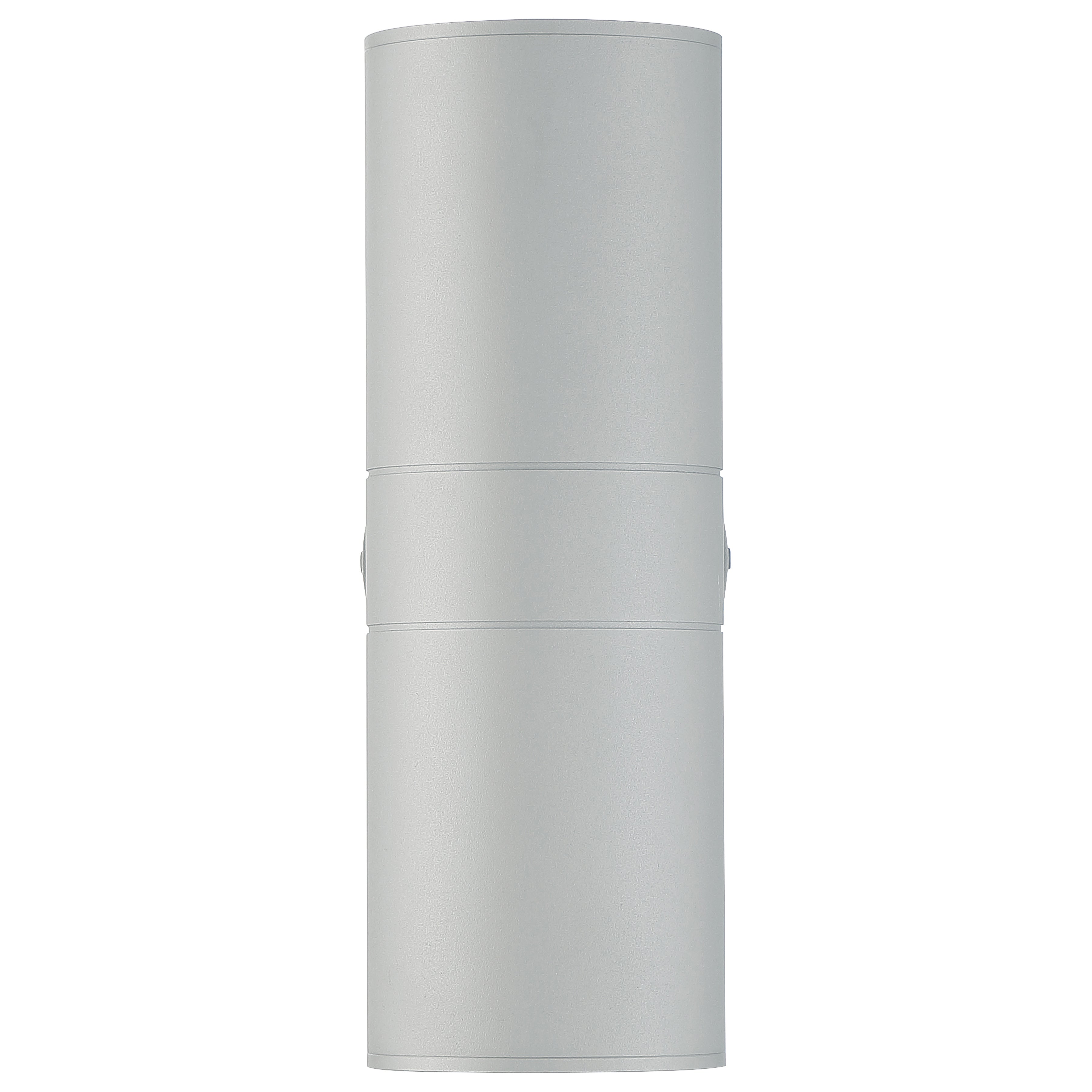 Matira Dual Bi-Directional Outdoor LED Wall Mount by Access Lighting, featuring a sleek cylindrical shape with a satin matte finish and a central seam, displayed against a plain white background.
