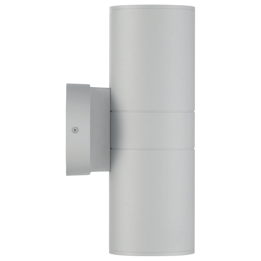 The Matira Dual Bi-Directional Outdoor LED Wall Mount by Access Lighting features a silver, cylindrical design with a round base and two light openings, shown side view against a white background.