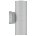 The Matira Dual Bi-Directional Outdoor LED Wall Mount by Access Lighting features a silver, cylindrical design with a round base and two light openings, shown side view against a white background.