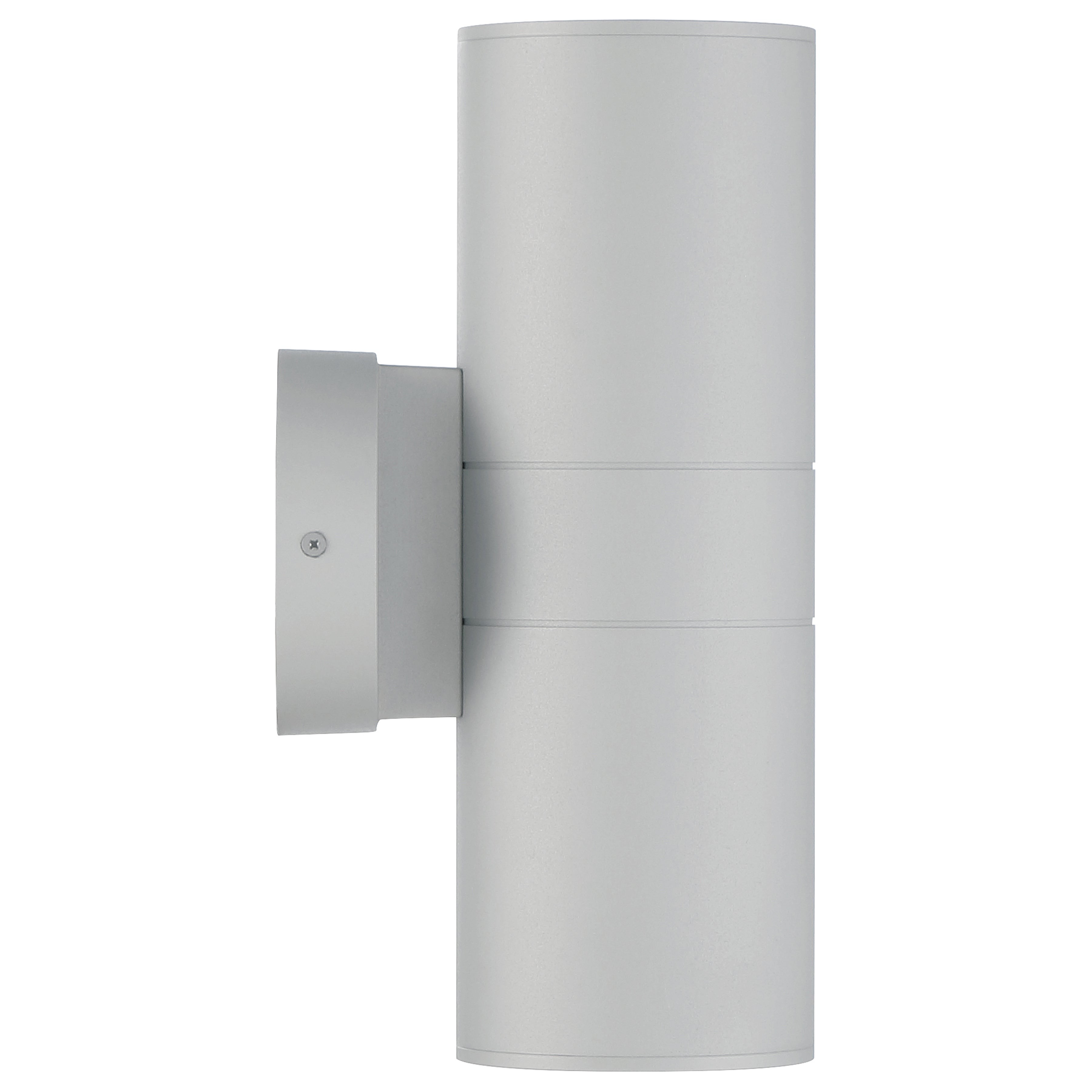 The Matira Dual Bi-Directional Outdoor LED Wall Mount by Access Lighting features a silver, cylindrical design with a round base and two light openings, shown side view against a white background.
