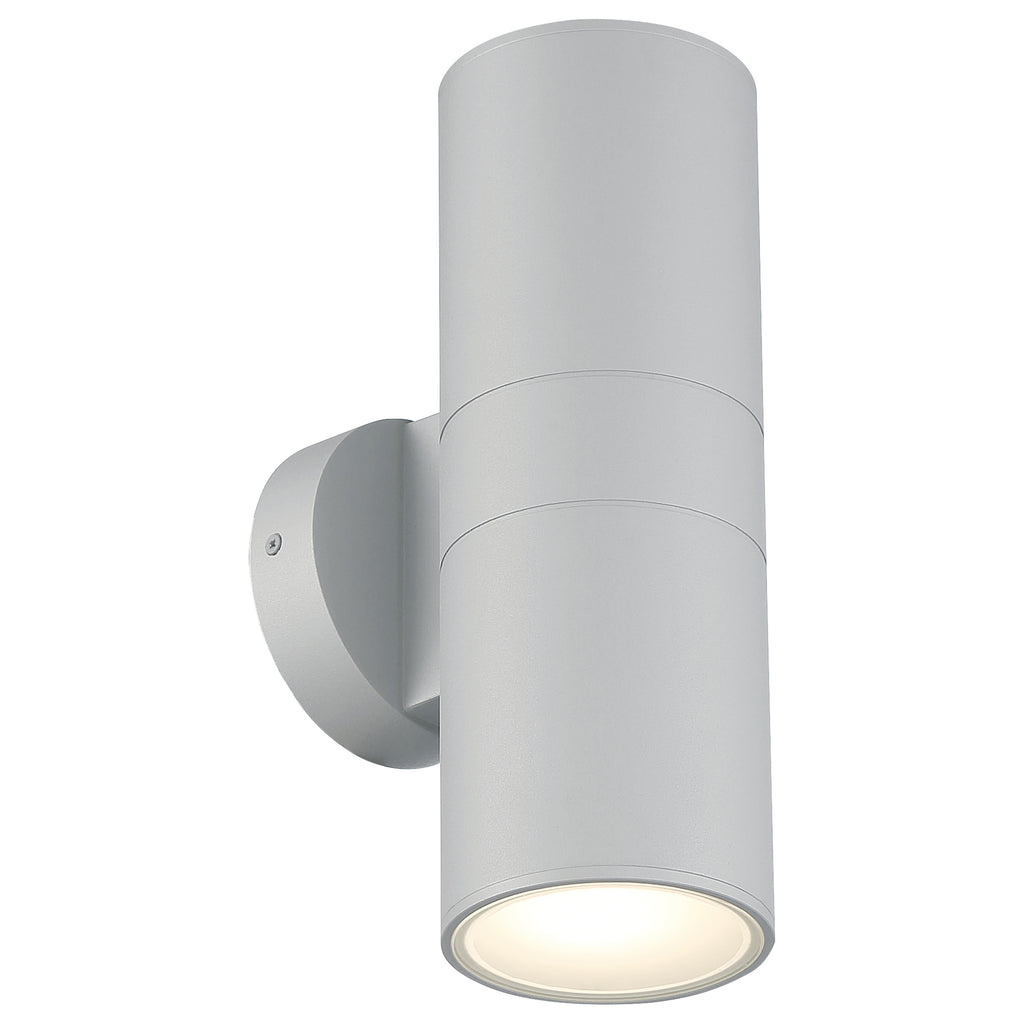 Matira Dual Bi-Directional Outdoor LED Wall Mount by Access Lighting features a satin silver cylindrical design with a minimalist aesthetic, emitting light from the bottom end.