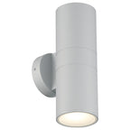 Matira Dual Bi-Directional Outdoor LED Wall Mount by Access Lighting features a satin silver cylindrical design with a minimalist aesthetic, emitting light from the bottom end.