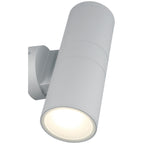A cylindrical satin-finished Matira Dual Bi-Directional Outdoor LED Wall Mount by Access Lighting, featuring a wall-mounted design with both upward and downward illumination.