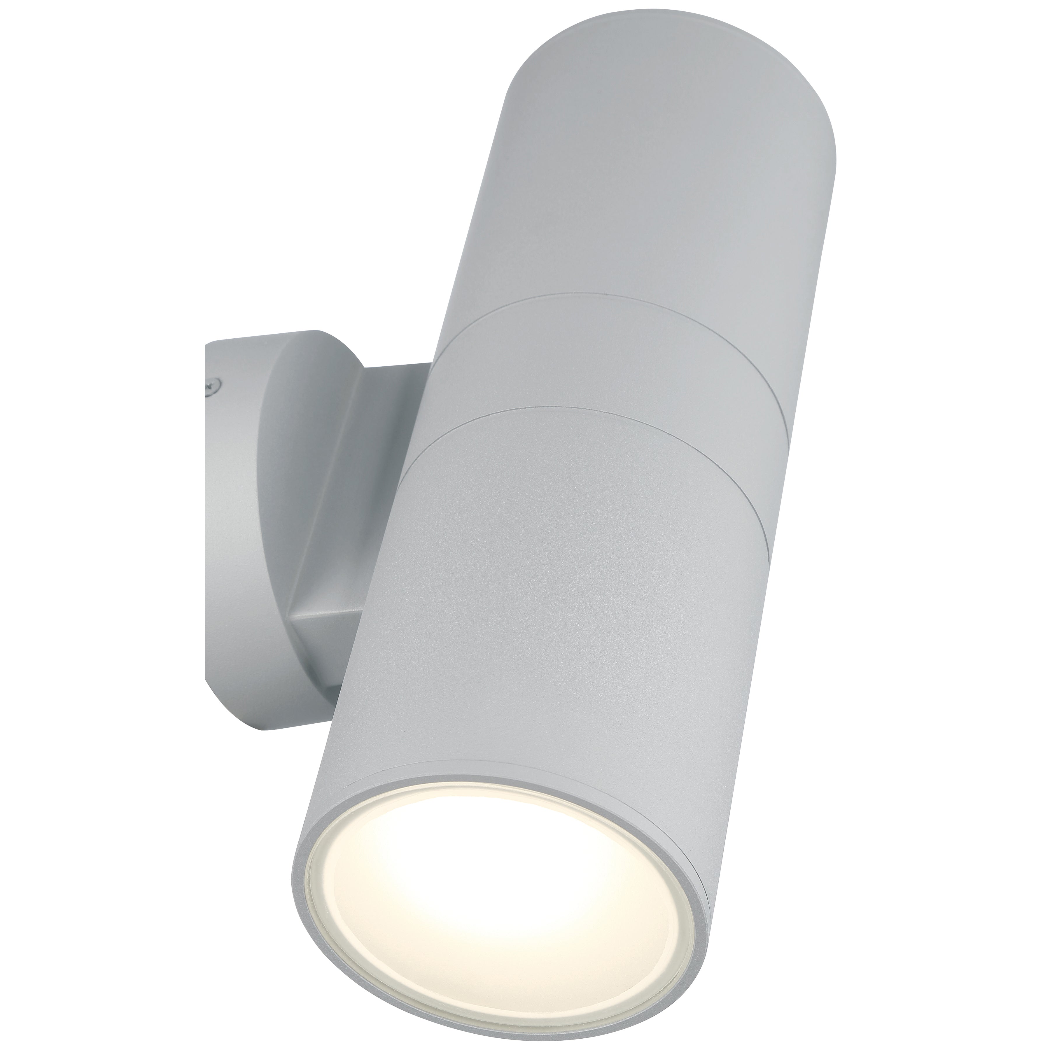 A cylindrical satin-finished Matira Dual Bi-Directional Outdoor LED Wall Mount by Access Lighting, featuring a wall-mounted design with both upward and downward illumination.