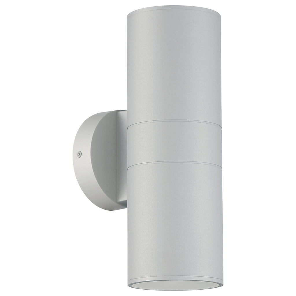 The Matira Dual Bi-Directional Outdoor LED Wall Mount in Satin by Access Lighting features a sleek, silver cylindrical design with up and down lights, mounted on a round backplate and displayed against a white background.