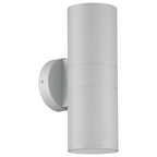 The Matira Dual Bi-Directional Outdoor LED Wall Mount in Satin by Access Lighting features a sleek, silver cylindrical design with up and down lights, mounted on a round backplate and displayed against a white background.