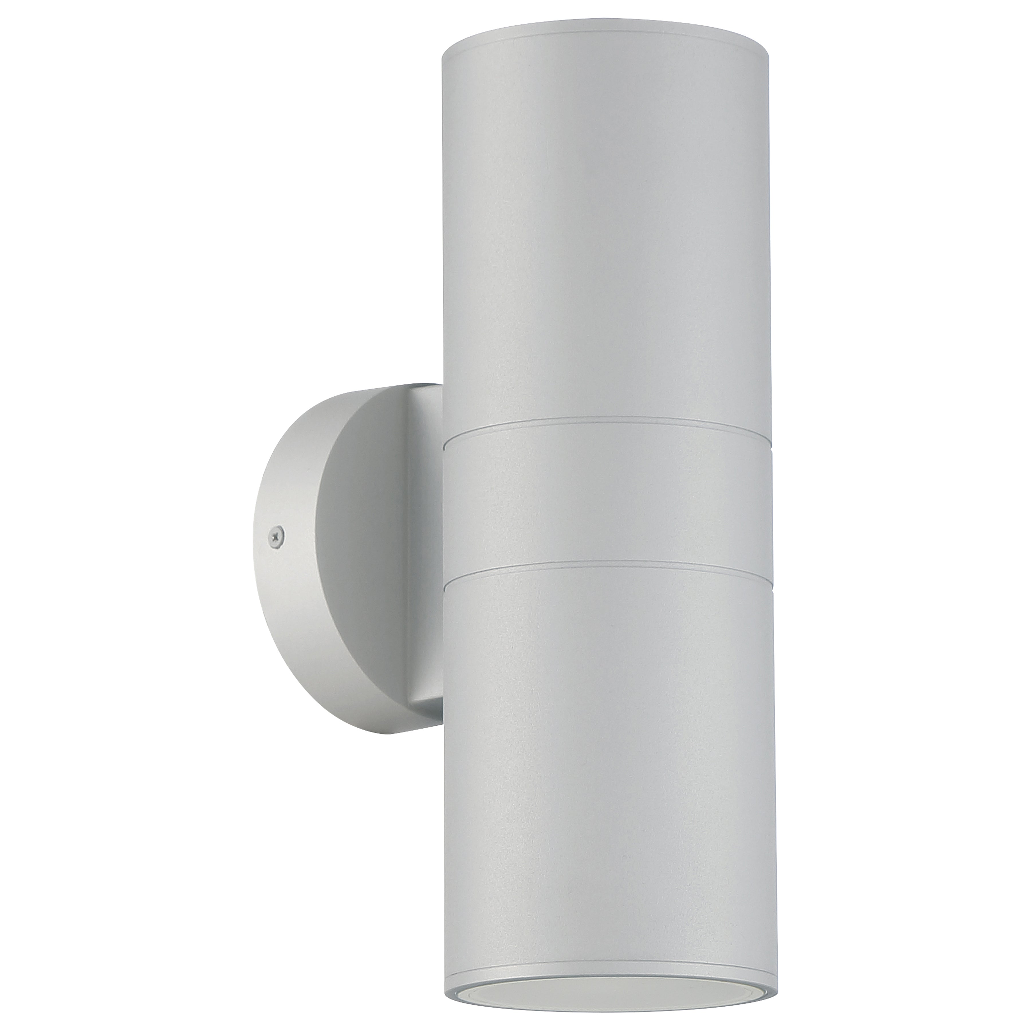 The Matira Dual Bi-Directional Outdoor LED Wall Mount in Satin by Access Lighting features a sleek, silver cylindrical design with up and down lights, mounted on a round backplate and displayed against a white background.