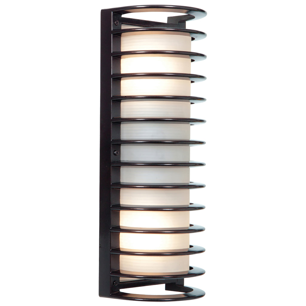 The Bermuda 2 Light Outdoor Wall Mount by Access Lighting features a vertical design with a frosted cylindrical shade encircled by horizontal bronze metal rings.