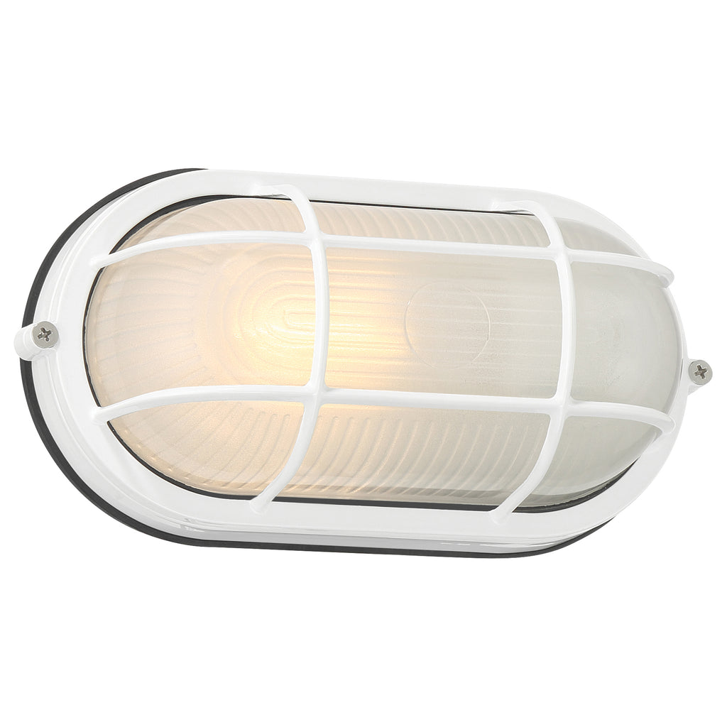 The Access Lighting Nauticus Dual Mount 1 Light Outdoor Bulkhead in white features an oval shape with a frosted glass cover and protective metal cage, designed for wall mounting and provides bright illumination.
