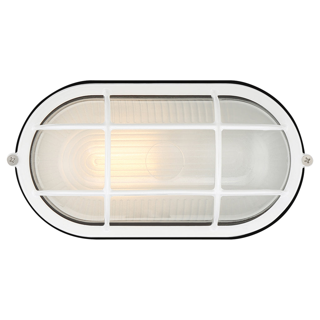 The illuminated Access Lighting Nauticus Dual Mount 1 Light Outdoor Bulkhead in white, featuring an 8.25″ frosted glass cover with a protective metal grid, is mounted against a plain background.