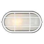 The illuminated Access Lighting Nauticus Dual Mount 1 Light Outdoor Bulkhead in white, featuring an 8.25″ frosted glass cover with a protective metal grid, is mounted against a plain background.