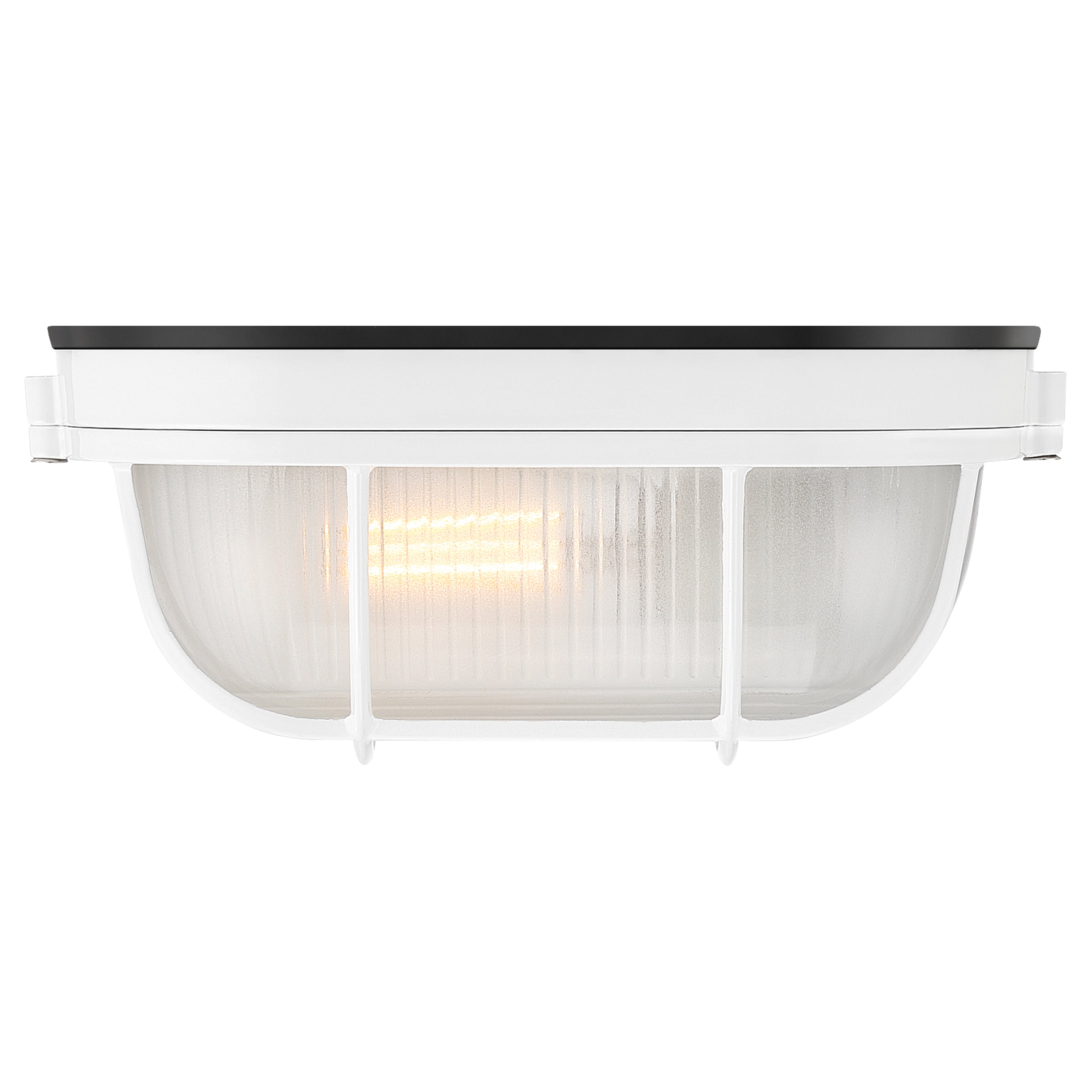 A Nauticus Dual Mount 1 Light Outdoor Bulkhead by Access Lighting, featuring a white finish with black accents, an 8.25″ frosted ribbed glass cover, and a protective metal grill, illuminated from within.