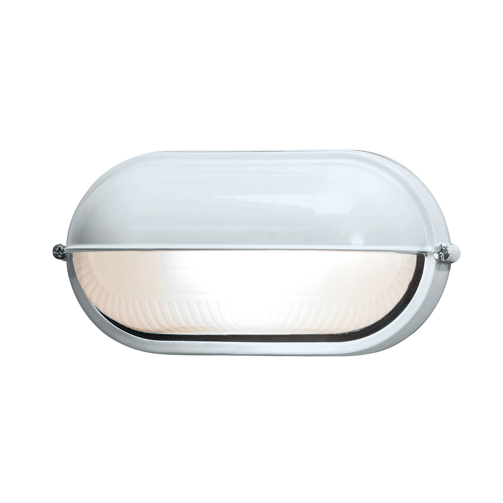 The Nauticus 1 Light Outdoor LED Bulkhead by Access Lighting features an oval-shaped white design with a frosted glass cover and metal screws on each side, shown mounted against a plain white background.